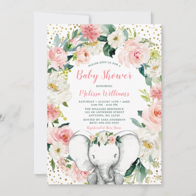 Convites Chuva de Bebê Elefante Floral em Ouro Rosa (Frente)