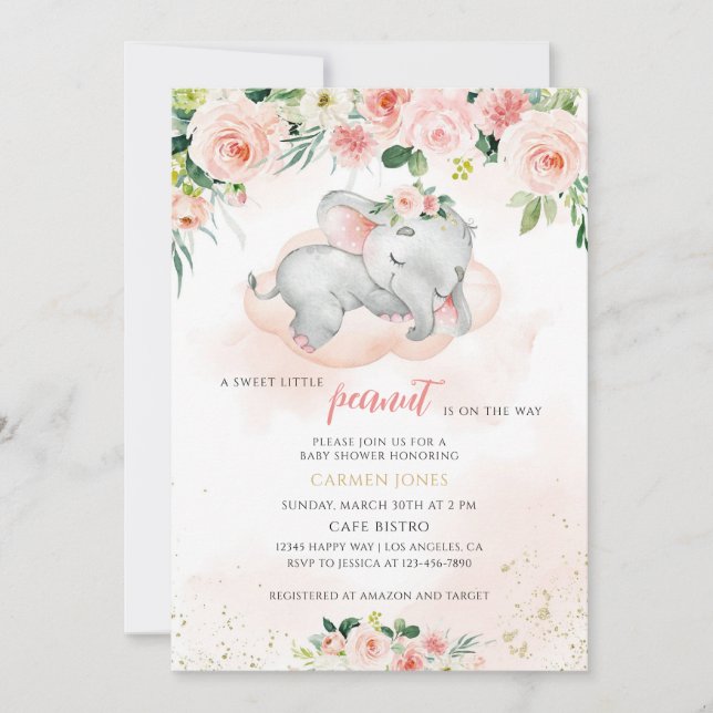 Convites Chuva de Bebê Elefante Floral Rosa (Frente)