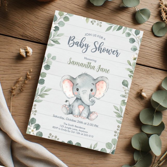 Convites Chuva de Bebê Elefante Folhagem Rústica (Criador carregado)