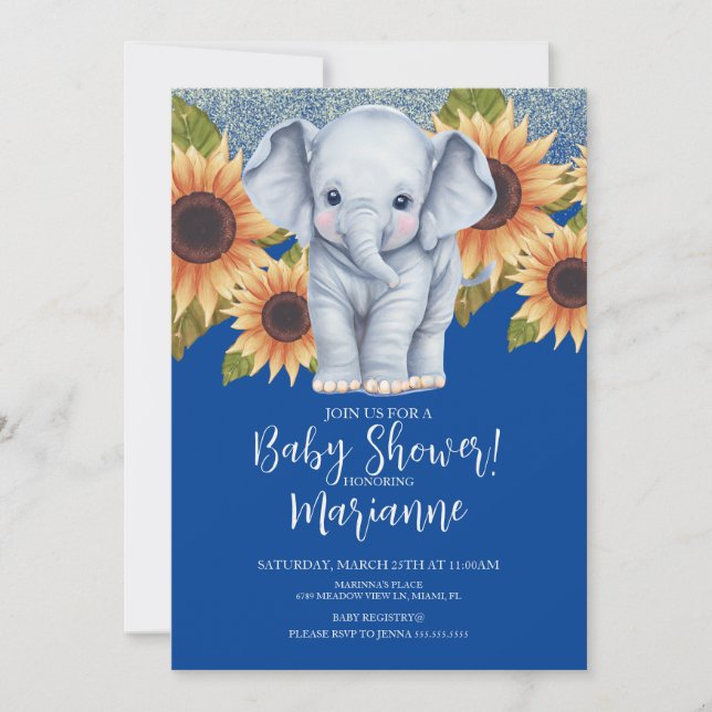 Convites Chuva de Bebê Elefante Girassóis Brilho Azul (Frente)