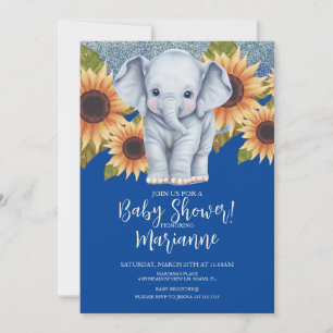 Convites Chuva de Bebê Elefante Girassóis Brilho Azul