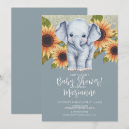 Convites Chuva de Bebê Elefante Girassóis Brilho Azul Empoe