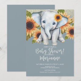 Convites Chuva de Bebê Elefante Girassol Brilho Azul Empoei