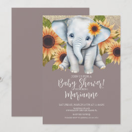 Convites Chuva de Bebê Elefante Girassol Brilho Rosa Empoei