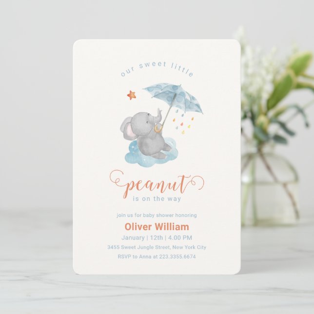 Convites Chuva de Bebê Elefante Guarda-Chuva Azul Amendoim  (Em pé/Frente)