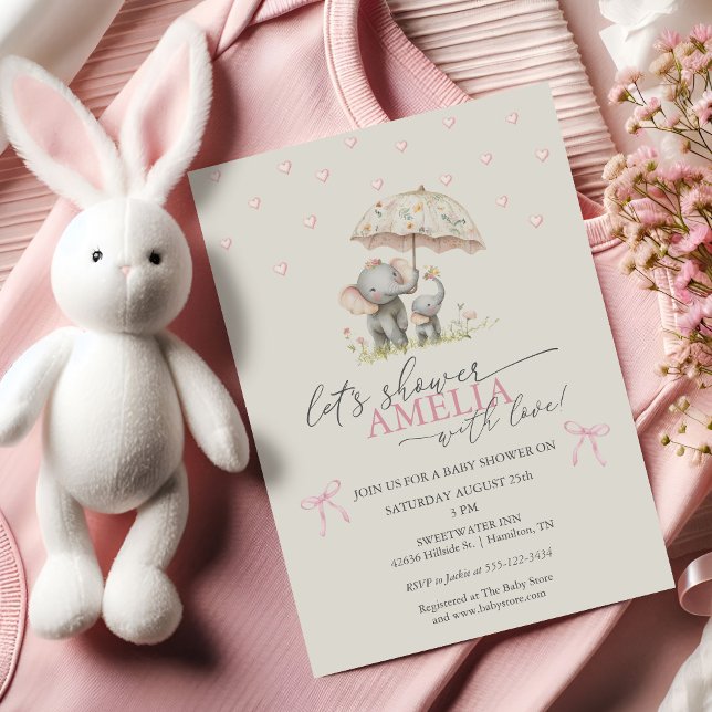 Convites Chuva de Bebê Elefante Guarda-Chuva Floral Menina (Floral Umbrella Elephant Baby Girl Shower Invitation)