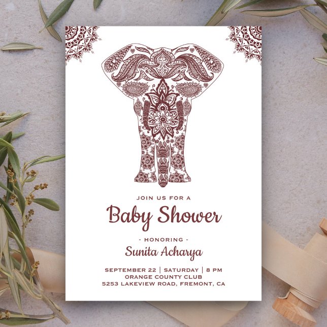 Convites Chuva de Bebê Elefante Indiano Elegante Marrom Hen (Criador carregado)