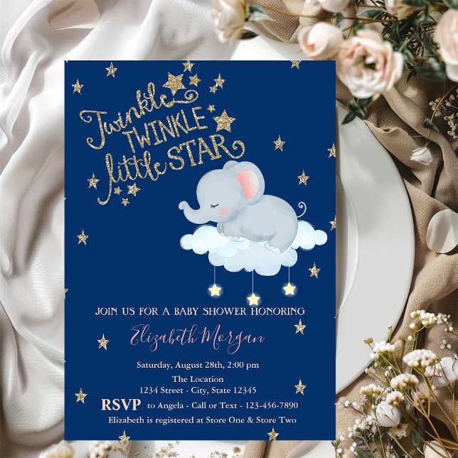 Convites Chuva de Bebê Elefante, Lua, Estrelas Brilhantes (Criador carregado)