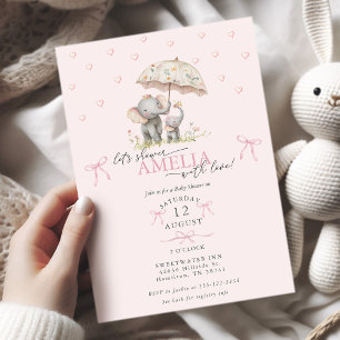 Convites Chuva de Bebê Elefante Mãe e Bebê com Guarda-Chuva