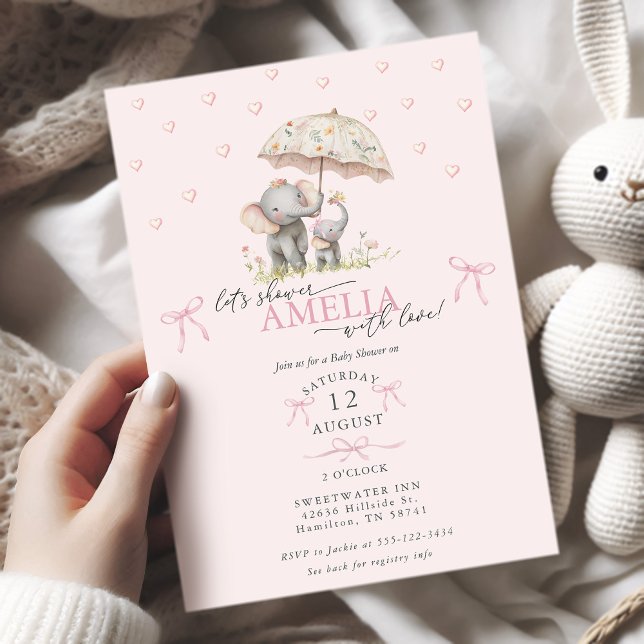 Convites Chuva de Bebê Elefante Mãe e Bebê com Guarda-Chuva (Mom & Baby Elephant with Umbrella Baby Girl Shower Invitation)