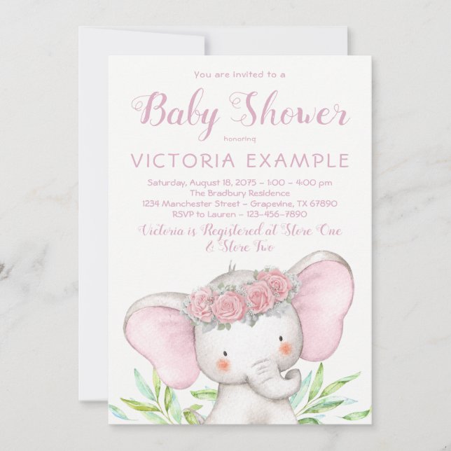 Convites Chuva de Bebê Elefante Menina Rosa Água Rosa (Frente)