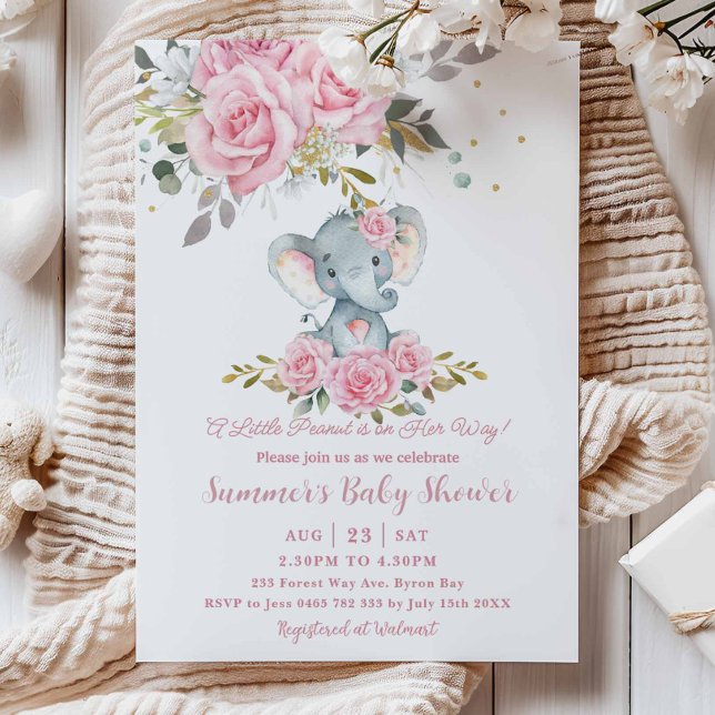 Convites Chuva de Bebê Elefante Menina Rosa Bebê Floral (Criador carregado)