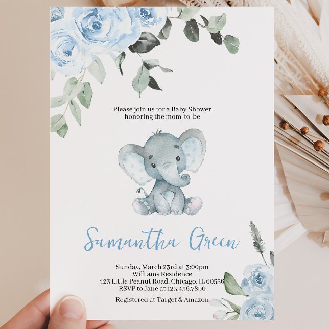 Convites Chuva de Bebê Elefante Menino (Criador carregado)