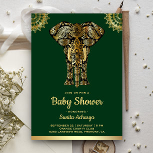 Convites Chuva de Bebê Elefante Ouro Verde Indiano