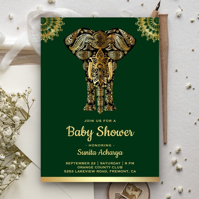 Convites Chuva de Bebê Elefante Ouro Verde Indiano (Criador carregado)