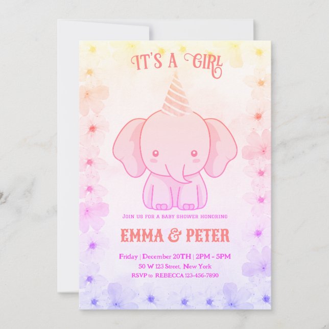 Convites Chuva de Bebê Elefante Rosa Personalizada Fofa (Frente)