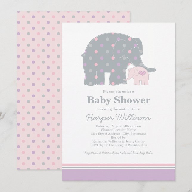 Convites Chuva de Bebê Elefante Rosa Roxo Menina (Frente/Verso)