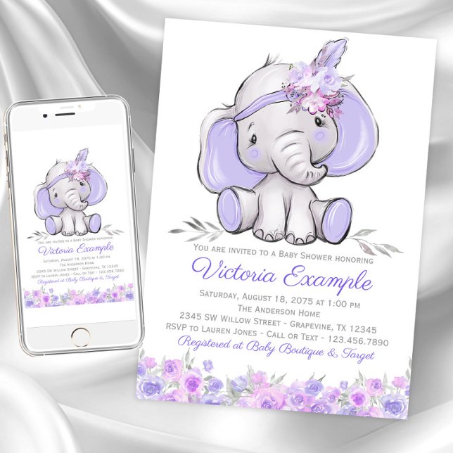 Convites Chuva de Bebê Elefante Roxo Boho Menina (Girl purple elephant baby shower invitations. Instant download and printed invitations available.)