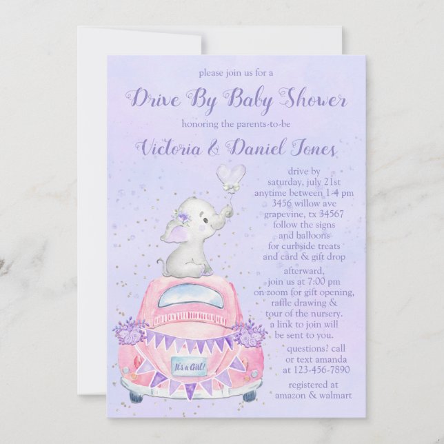 Convites Chuva de Bebê Elefante Roxo Menina Carro (Frente)