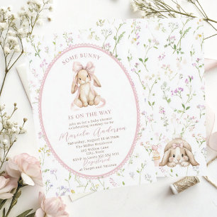 Convites Chuva de Bebê elegante aquarela coelhinho laço ros