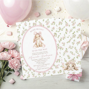 Convites Chuva de Bebê Elegante Aquarela coelhinho laço ros