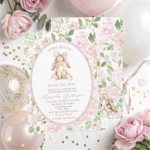 Convites Chuva de Bebê Elegante Aquarela coelhinho laço ros