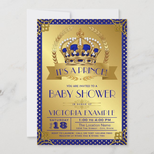 Convites Chuva de Bebê Elegante Azul Real e Dourado Príncip (Frente)