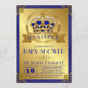 Convites Chuva de Bebê Elegante Azul Real e Dourado Príncip