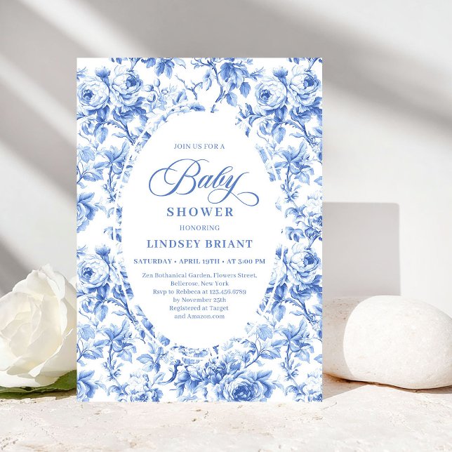 Convites Chuva de Bebê Elegante Boho Dusty Blue Toile de Jo (Elegant Dusty Blue Toile de Jouy Baby Shower Invite)