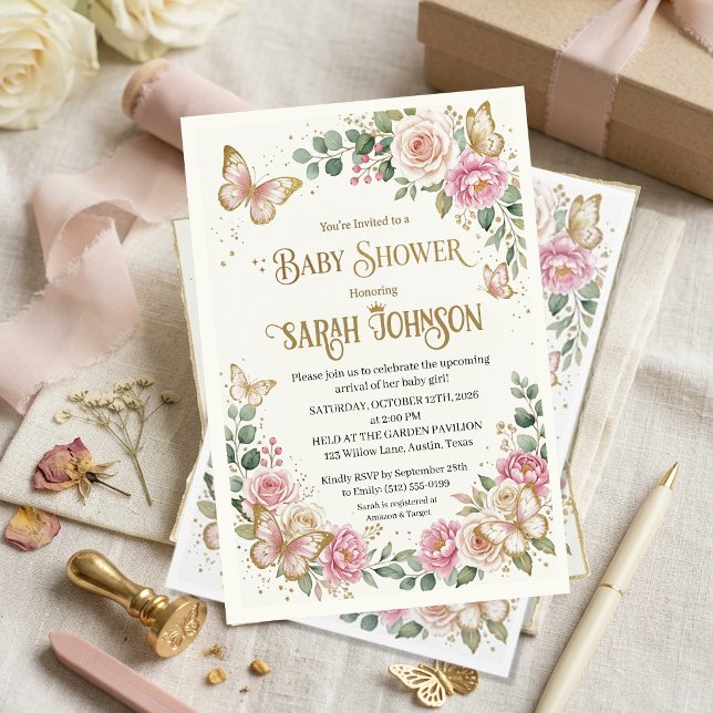 Convites Chuva de Bebê Elegante Borboleta Dourada e Floral  (Criador carregado)