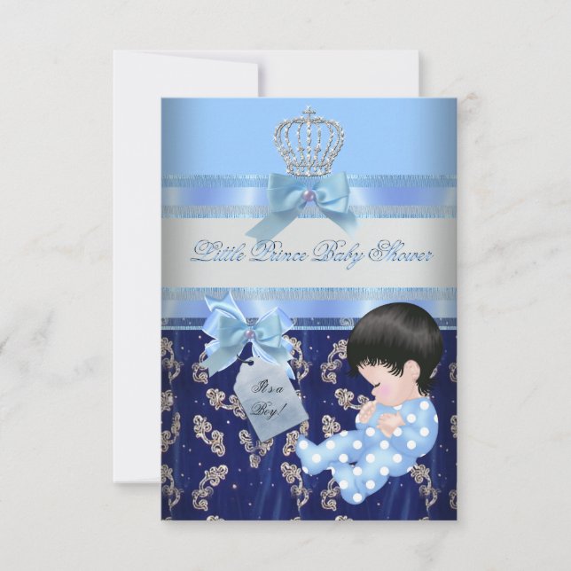 Convites Chuva de Bebê Elegante Coroa de Príncipe Azul Meni (Frente)