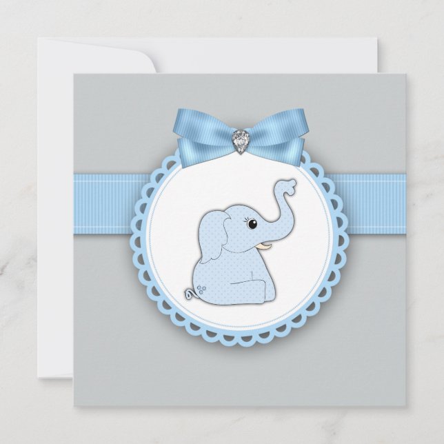 Convites Chuva de Bebê Elegante Elefante Azul (Frente)