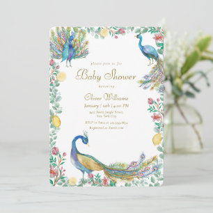 Convites Chuva de Bebê Elegante Floral Limão Pavão