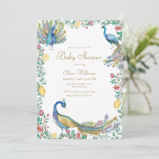 Convites Chuva de Bebê Elegante Floral Limão Pavão (Em pé/Frente)