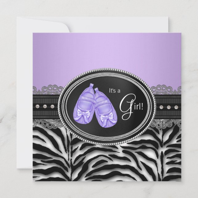 Convites Chuva de Bebê Elegante Lavanda Roxo Zebra (Frente)