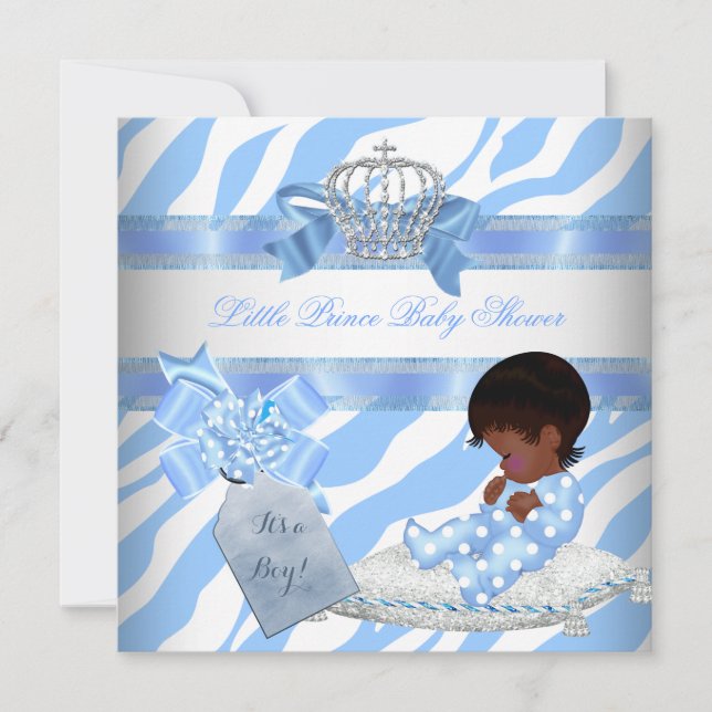 Convites Chuva de Bebê Elegante Menino Azul Zebra Príncipe  (Frente)