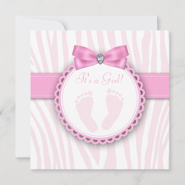 Convites Chuva de Bebê Elegante Pegada Rosa Zebra (Frente)