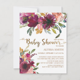 Convites Chuva de Bebê Elegante Roxo Rosa Dourado Floral Sc