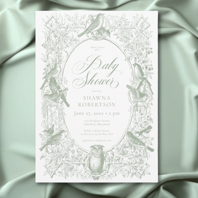 Convites Chuva de Bebê Elegante Verde Chinoiserie Natureza  (Elegant Green Chinoiserie Nature Birds Baby Shower Invitation)