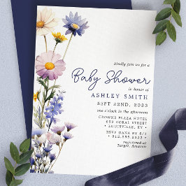 Convites Chuva de Bebê em Aquarela Boho Flor Silvestre Azul