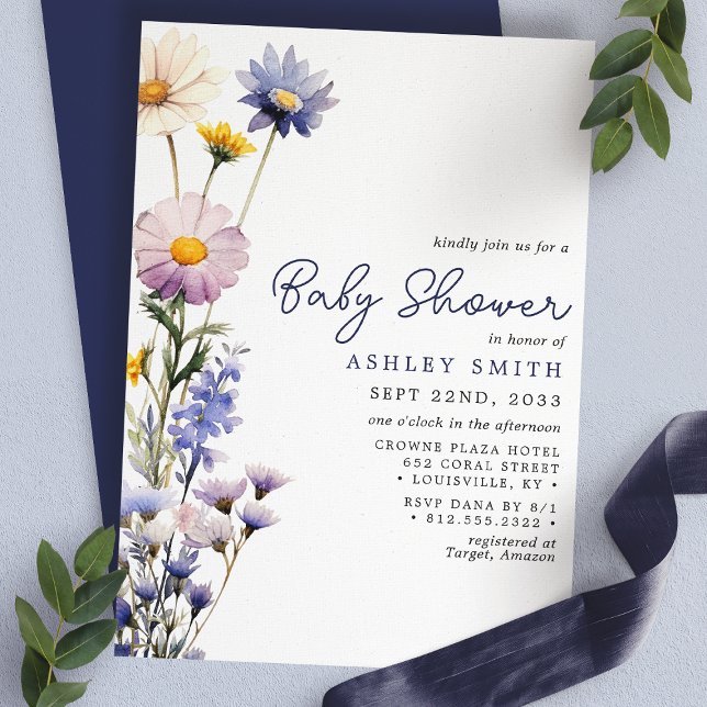 Convites Chuva de Bebê em Aquarela Boho Flor Silvestre Azul (Criador carregado)