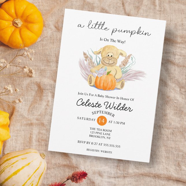 Convites Chuva de Bebê em Aquarela Boho Little Lamb Pumpkin (Whimsical boho bliss: A lamb's embrace celebrates love, joy, and new beginnings.)