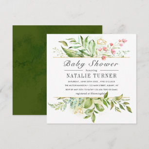 Convites Chuva de Bebê em Aquarela com Folhagem Verde Flora