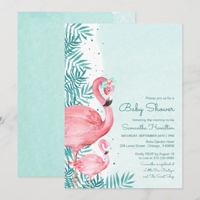 Convites Chuva de Bebê em Aquarela com Folhas de Flamingo e (Frente/Verso)