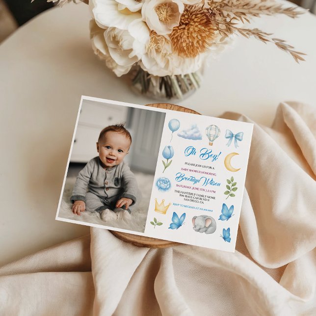 Convites Chuva de Bebê em Aquarela de Elefante de Menino Fo (Cute Boy’s Elephant Watercolor Baby Shower Invitation
)