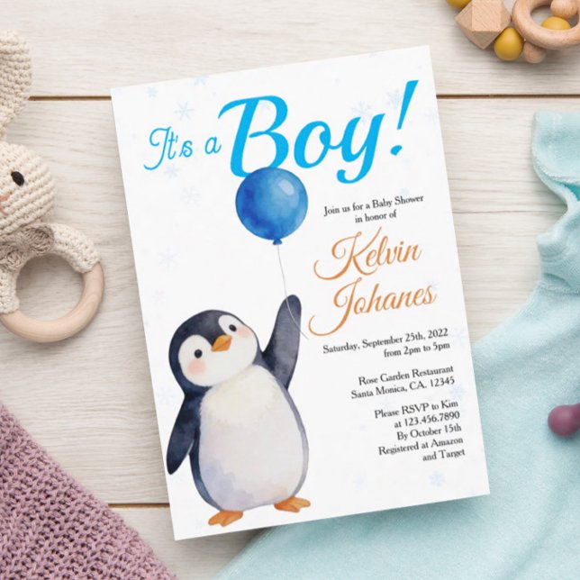 Convites Chuva de Bebê em Aquarela de Pinguim Azul para Men (Criador carregado)