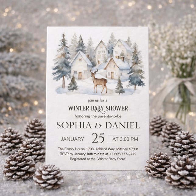 Convites Chuva de Bebê em Aquarela de Veado de Inverno na A (Winter Deer in Village Watercolor Baby Shower Invitation)