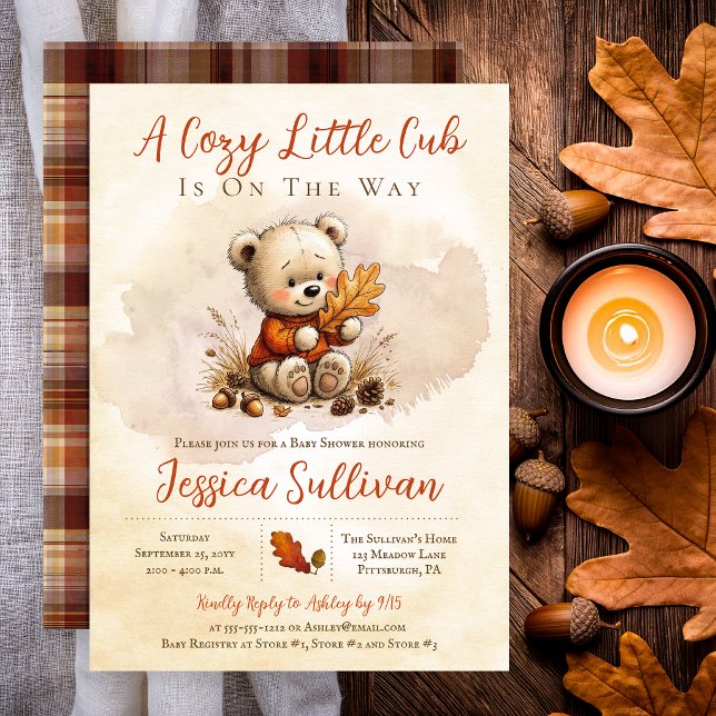Convites Chuva de Bebê em Aquarela do Ursinho Teddy Cub Aco (Cozy teddy bear fall baby shower invitation with autumn plaid back)