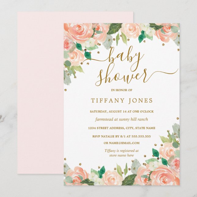 Convites Chuva de Bebê em Aquarela Floral Rosa Dourado (Frente/Verso)
