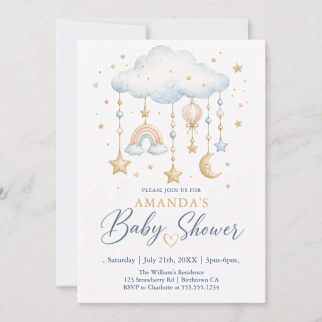 Convites Chuva de Bebê em Aquarela Lua e Nuvem (Frente)